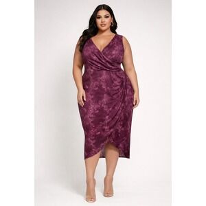 Montgomery Post Womens 1X Plum Purple Marble Print Faux Wrap Midi Dress NWT
